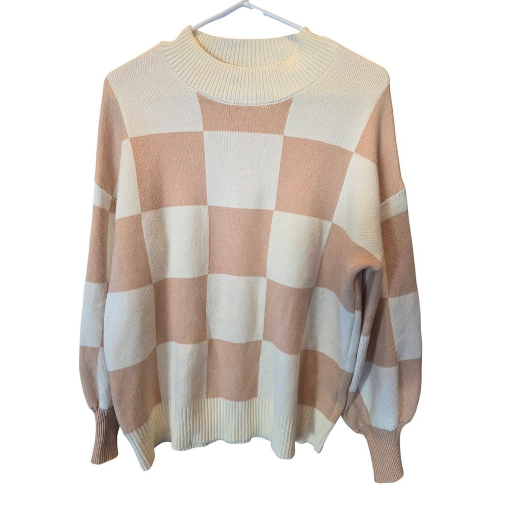 Zesica Color Block Sweater L Womens White Tan Long Sleeve Mock Neck Art Deco